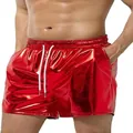 Detailed macro view of shiny red metallic shorts for men featuring a white drawstring - S / Bottoms / Red