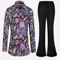 Disfraz disco de los años 70 para hombre con camisa de flores y pantalones campana - S / Top Y Pantalón / Top Estampado Púrpura + Pantalón Lentejuelas