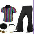 Set completo de disfraz de disco de los 70 para hombre con camisa arcoíris y accesorios. - S / Conjuntos / Conjunto de Cuadros Coloridos