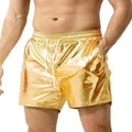Close-up front view of men's metallic gold shiny beach shorts with white drawstrings - S / Bottoms / Gold