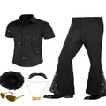 Vista detallada del conjunto de disfraz disco de los 70 para hombre con camisa y peluca - S / Top Y Pantalón / Negro