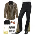 Men's 70s retro disco performance set with gold sequin shirt and flared pants - S / Top And Bottom / Gold