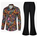 Disfraz disco años 70 para hombre con camisa de flores y pantalón de campana - S / Top Y Pantalón / Top con estampado amarillo + pantalones con lentejuelas planas