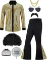 70er Herren Disco Kostüm Set mit Goldhemd Schlaghose Afro Perücke und Disco Zubehör - S / Oberteil Und Unterteil / Gelb