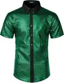 Camicia da uomo con paillettes verde metallizzato stile disco anni 70 per feste a tema - Verde