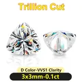 Close-up of trillion cut moissanite stone showing D color and VVS1 clarity details - 3x3mm-0.1ct Trillion Shape / 3x3mm (0.1ct)