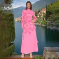 Elegant pink maxi dress with 3D flower appliqués and long sleeves for resort wear - S / Dresses / Pink