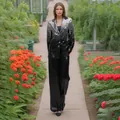 Elegantes zweiteiliges Pailletten-Hosenanzug-Set für Damen in Schwarz-Silber im Garten - M / Oberteil Und Unterteil / Silber-Schwarz Farbverlauf