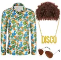 Set de disfraz de hippie disco de los años 70 para hombre con camisa de flores - S / Conjuntos / Verde