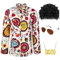 Disfraz de hippie disco de los 70 para hombre con camisa de flores, peluca afro y gafas - S / Conjuntos / Arcoíris