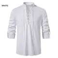 White men's casual linen cotton Henley shirt with lace-up neck and roll-up long sleeves - S / Tops / White