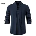 Men's navy blue cotton linen Henley shirt with lace-up V-neck and stand collar - S / Tops / Navy Blue