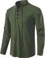 Men's dark green cotton linen Henley shirt with lace-up front and a classic stand collar - Army Green