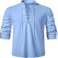 Light blue men's cotton linen hippie Henley shirt with casual stand collar and lace-up neck - Light Blue