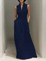 Robe longue bleu marine sans manches à col en V avec détail noué à la taille pour femmes. - S / Robes / Bleu marine