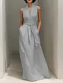 Robe longue élégante grise sans manches avec col en V et ceinture nouée pour l'été - S / Robes / Gris