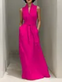 Robe longue fuchsia élégante avec col en V, sans manches et ceinture à nouer à la taille - Rose rouge