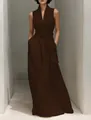 Robe longue élégante sans manches à col en V marron chocolat avec un détail de taille nouée. - Brun Foncé