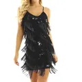 Vue détaillée de la robe noire à franges et paillettes montrant la texture brillante et les franges. - S / Robes / Noir