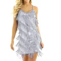 Robe de soirée à paillettes argentées et franges, col en V, robe chic en maille pour femme - S / Robes / Gris