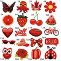Set of 20 red embroidered patches featuring cute fruit, animal, and floral DIY designs - Red Series Patches Set / 20 Pieces Set