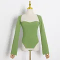 Elegant slim fit green long sleeve knit bodysuit with sweetheart neckline for women - S / Green
