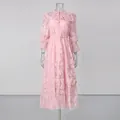 Elegant light pink floral lace dress with lantern sleeves and a matching belt detail - M / Dresses / Pink