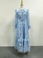 Elegant vintage light blue lace maxi dress featuring lantern sleeves and matching waist belt - M / Dresses / Blue