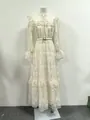 Elegant white lace long dress with lantern sleeves and matching belt in SKU detail view - M / Dresses / Apricot