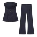 Dark wash denim two-piece set featuring a belted strapless top and high-waisted flared jeans - S / Top And Bottom / Dark Blue
