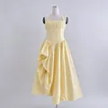 Elegant pale yellow halter long dress with pleated bodice and flared skirt detail - Light Yellow