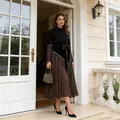 Elegant long-sleeved dress featuring a black velvet top and brown pleated mesh skirt - S / Dresses / Brown