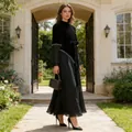 Elegant black velvet and mesh patchwork long dress with pleated skirt and high waist - S / Dresses / Black