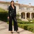 Elegantes schwarzes Pailletten-Hosenanzug-Set mit weitem Bein und Blazer für modebewusste Damen - M / Oberteil Und Unterteil / Schwarz