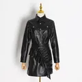 Chic black PU leather two-piece set featuring long-sleeved shirt and ruffled mini skirt - S / Top And Bottom / Black