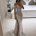 Elegant silver off-the-shoulder sequin evening maxi dress with a sexy high side split design - S / Dresses / Silver