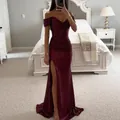 Elegant burgundy sequin off-the-shoulder evening maxi dress with high leg slit for parties. - S / Dresses / Burgundy