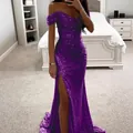 Elegantes lila Pailletten-Abendkleid, schulterfrei, mit sexy hohem Beinschlitz - Lila