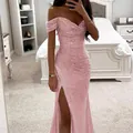 Rosa Pailletten-Maxikleid schulterfrei mit hohem Schlitz für Partys - Rosa