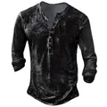 Detailansicht des gewaschenen Herren Henley Langarmshirts mit modischem Schneeflockenprint - S / Oberteile / Schwarz