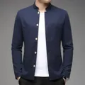 Modern navy blue men's Chinese style mandarin collar jacket in cotton linen fabric - S / Tops / Navy Blue