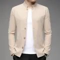 Close-up of men's beige cotton-linen jacket featuring a modern stand collar design - S / Tops / Khaki