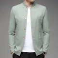 Front detail of a stylish men's sage green cotton linen blazer with mandarin collar - S / Tops / Light Green
