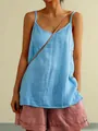 Close-up of lightweight blue linen camisole showing breathable fabric texture - Sky Blue