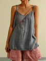 Loose grey cotton linen camisole top for women featuring thin straps and V-neckline - Dark Gray