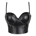 Vista frontale dettagliata di un bustier nero in ecopelle con lacci laterali intrecciati - Taglia S / Top / Nero