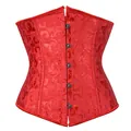 Close-up detail of a vintage red floral jacquard corset with front metal busk closure - S / Tops / Red