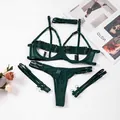 Elegant donkergroen vierdelig sexy lingeriesetje met mesh en webbing singelbandjes - S / Set (747) / Donkergroen