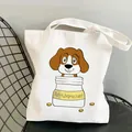 Cute cartoon Beagle dog antidepressant print white canvas shopping tote bag for women - Antidepressant Bottle Beagle (1)