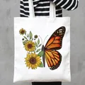 Fashionable white canvas tote bag featuring a cute butterfly and sunflower print - Butterfly and Sunflowers Style (1)
